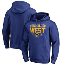 Load image into Gallery viewer, LOS ANGELES RAMS SUPER BOWL 2018 NFC WEST DIVISION CHAMPIONS FAIR CATCH PULLOVER HOODIE - ROYAL