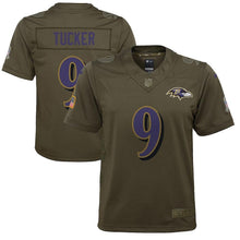 Load image into Gallery viewer, Youth Baltimore Ravens Justin Tucker Nike Olive Salute to Service Game Jersey