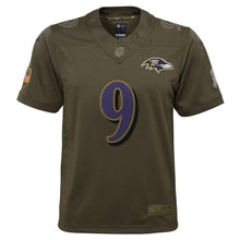 Load image into Gallery viewer, Youth Baltimore Ravens Justin Tucker Nike Olive Salute to Service Game Jersey