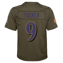 Load image into Gallery viewer, Youth Baltimore Ravens Justin Tucker Nike Olive Salute to Service Game Jersey