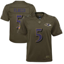Load image into Gallery viewer, Youth Baltimore Ravens Joe Flacco Nike Olive Salute to Service Game Jersey