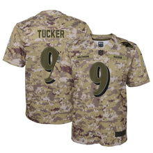 Load image into Gallery viewer, Youth Baltimore Ravens Justin Tucker Nike Camo Salute to Service Game Jersey
