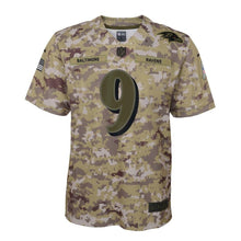 Load image into Gallery viewer, Youth Baltimore Ravens Justin Tucker Nike Camo Salute to Service Game Jersey