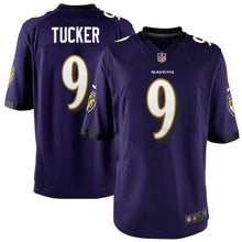 Load image into Gallery viewer, Youth Baltimore Ravens Justin Tucker Nike Purple/Black Team Color Game Jersey