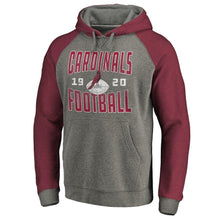 Load image into Gallery viewer, Men's Arizona Cardinals NFL Pro Line by Fanatics Branded Ash Timeless Collection Antique Stack Tri-Blend Raglan Pullover Hoodie