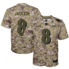 Load image into Gallery viewer, Youth Baltimore Ravens Lamar Jackson Nike Camo Salute to Service Game Jersey