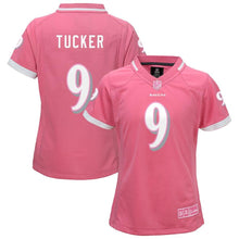 Load image into Gallery viewer, Youth Girls Baltimore Ravens Justin Tucker Pink Bubble Gum Jersey