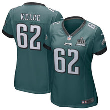 Load image into Gallery viewer, Women's Jason Kelce Midnight Green Philadelphia Eagles Super Bowl LII Champions Patch Game Jersey 2019
