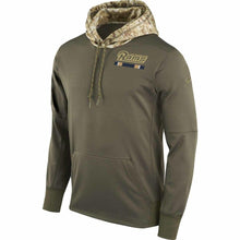 Load image into Gallery viewer, MEN'S LOS ANGELES RAMS SUPER BOWL OLIVE SALUTE TO SERVICE SIDELINE THERMA PULLOVER HOODIE